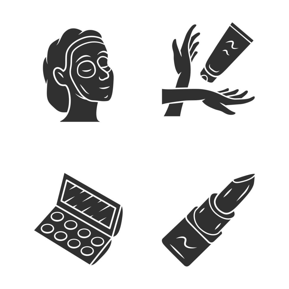 Damenhygiene, Make-up-Glyphen-Symbole gesetzt. Hautpflegeattribute, Silhouettensymbole für kosmetische Accessoires. schönheitssalon produkte vektor isolierte illustration. Gesichtsmaske, Handcreme, Lidschatten, Lippenstift