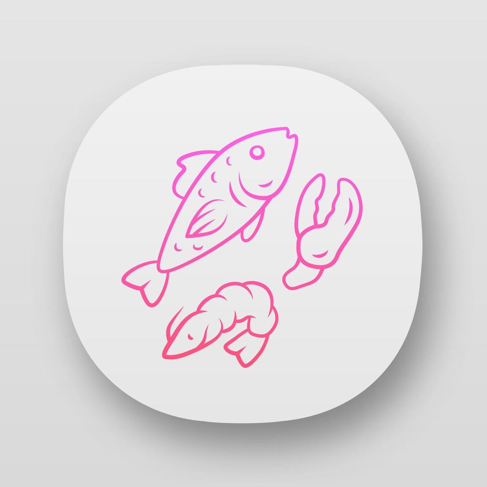 App-Symbol für Meeresfrüchte. Omega 3 Quellprodukte ui ux Benutzeroberfläche. Mahlzeit im Gourmet-Restaurant. Web- oder mobile Anwendung. Lachsfische, Garnelen und Hummerscherenvektor isolierte Illustration vektor