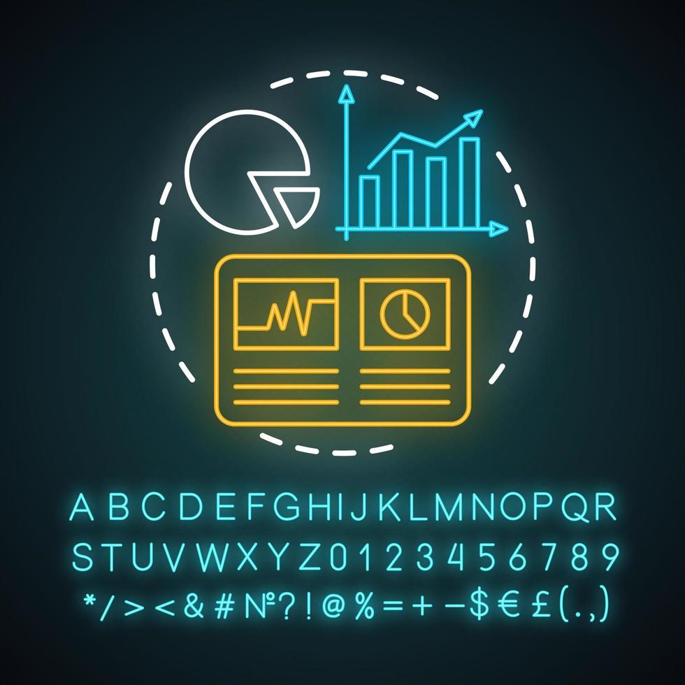 statistikstudie, forschungssymbol für neonlichtkonzept. Diagramm, Diagrammidee. Analytik, Datenvisualisierung, Infografiken. leuchtendes zeichen mit alphabet, zahlen und symbolen. vektor isolierte illustration