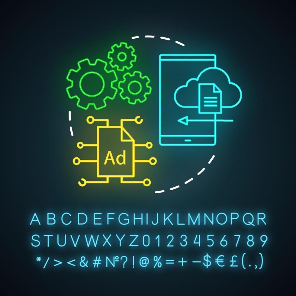 marknadsföringsautomation neonljusikon. programvara för digital marknadsföring, teknisk plattform. annonshanteringsorganisation. glödande tecken med alfabet, siffror och symboler. vektor isolerade illustration