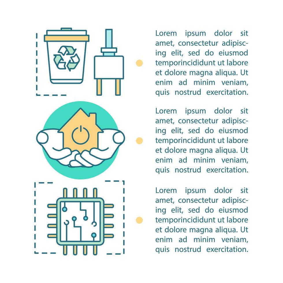 Vektorvorlage für Smart House-Artikelseiten. Heimautomatisierung. broschüre, magazin, broschürengestaltungselement mit textfeldern. Druckdesign. Haustechnik. konzeptillustrationen mit textraum vektor