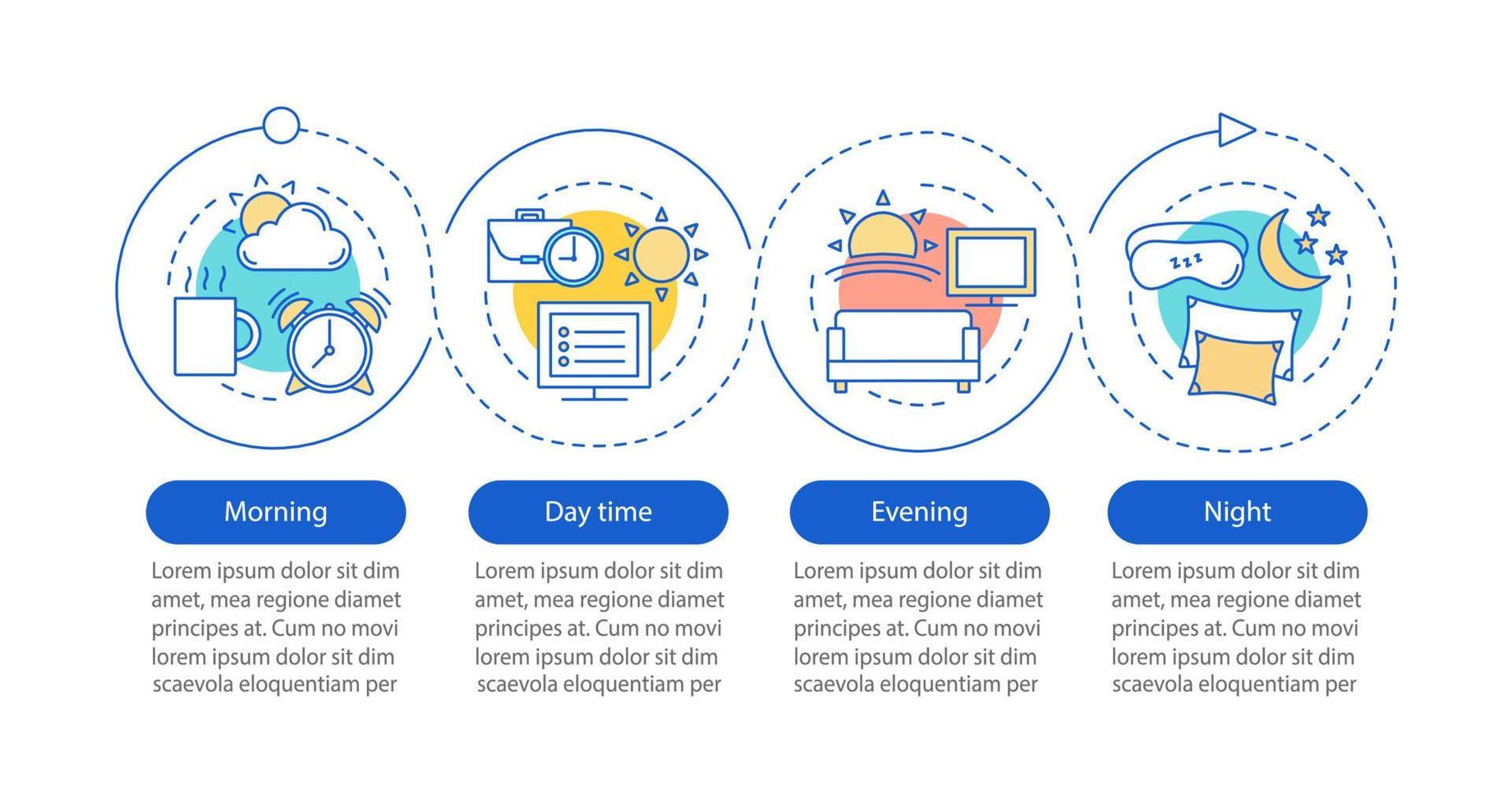 Zeitraum-Vektor-Infografik-Vorlage. Morgen, Tag, Abend, Nacht. Datenvisualisierung mit vier Schritten und Optionen. Diagramm der Prozesszeitleiste. Workflow-Layout vektor