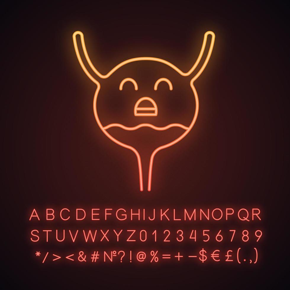 Symbol für trauriges Neonlicht der Harnblase. ungesunde Harnwege. Erkrankungen des Harnsystems. Zistitis. leuchtendes zeichen mit alphabet, zahlen und symbolen. vektor isolierte illustration