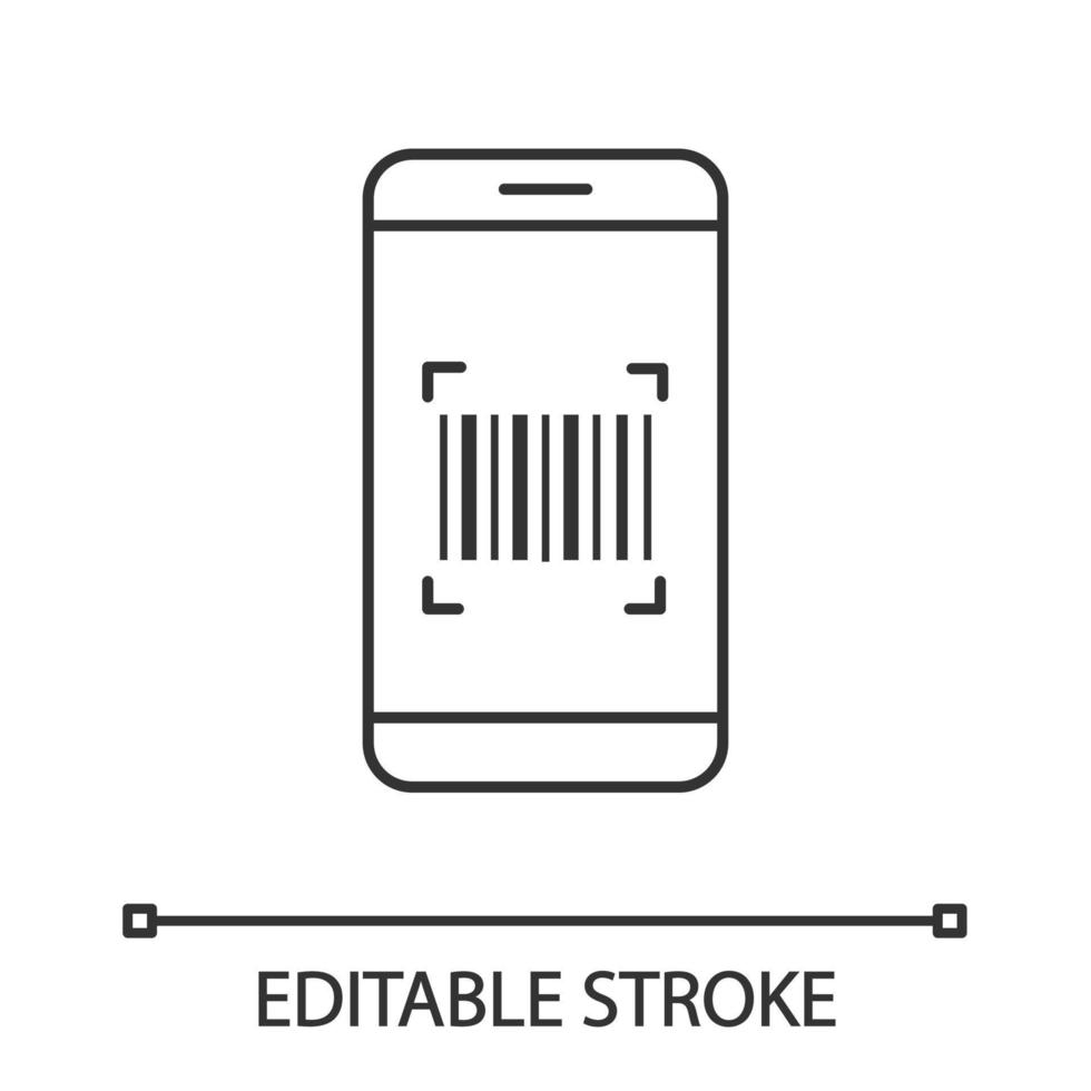 Lineares Symbol für Barcode-Scanning-App. Smartphone liest linearen Barcode. dünne Liniendarstellung. Eindimensionaler Codescanner. Kontursymbol. Vektor isoliert Umrisszeichnung. editierbarer Strich