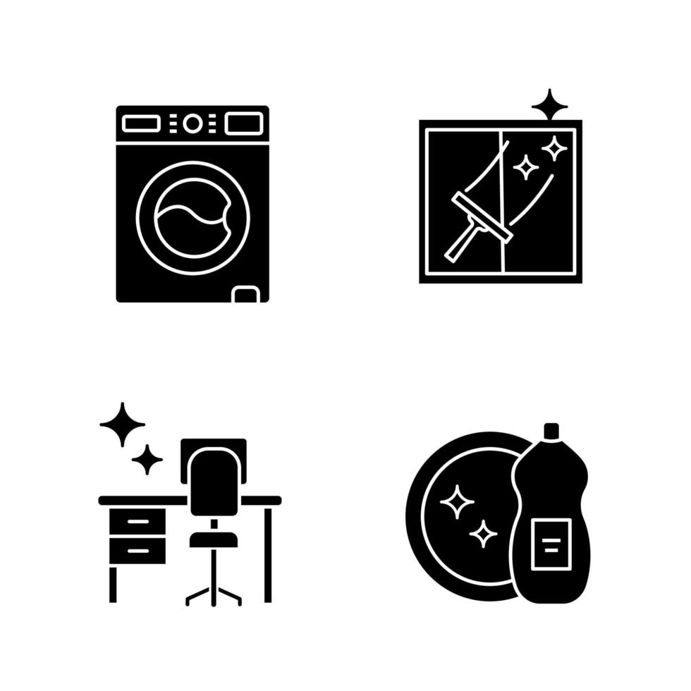 Reinigungsservice-Glyphen-Symbole gesetzt. Waschmaschine, Fensterputzen, aufgeräumter Tisch, Spülmittel. Silhouettensymbole. vektor isolierte illustration