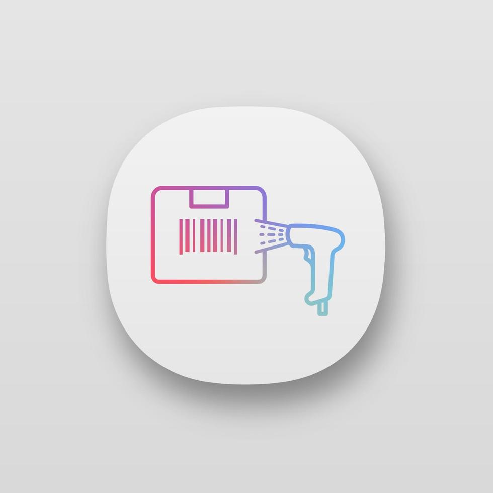 Scannen von Kartonetiketten mit Barcode-Scanner-App-Symbol. Barcode-Identifikation von Paketen. Lineares Barcode-Lesegerät. Bestandskontrolle. Lieferservice. ui ux-Schnittstelle. vektor isolierte illustration