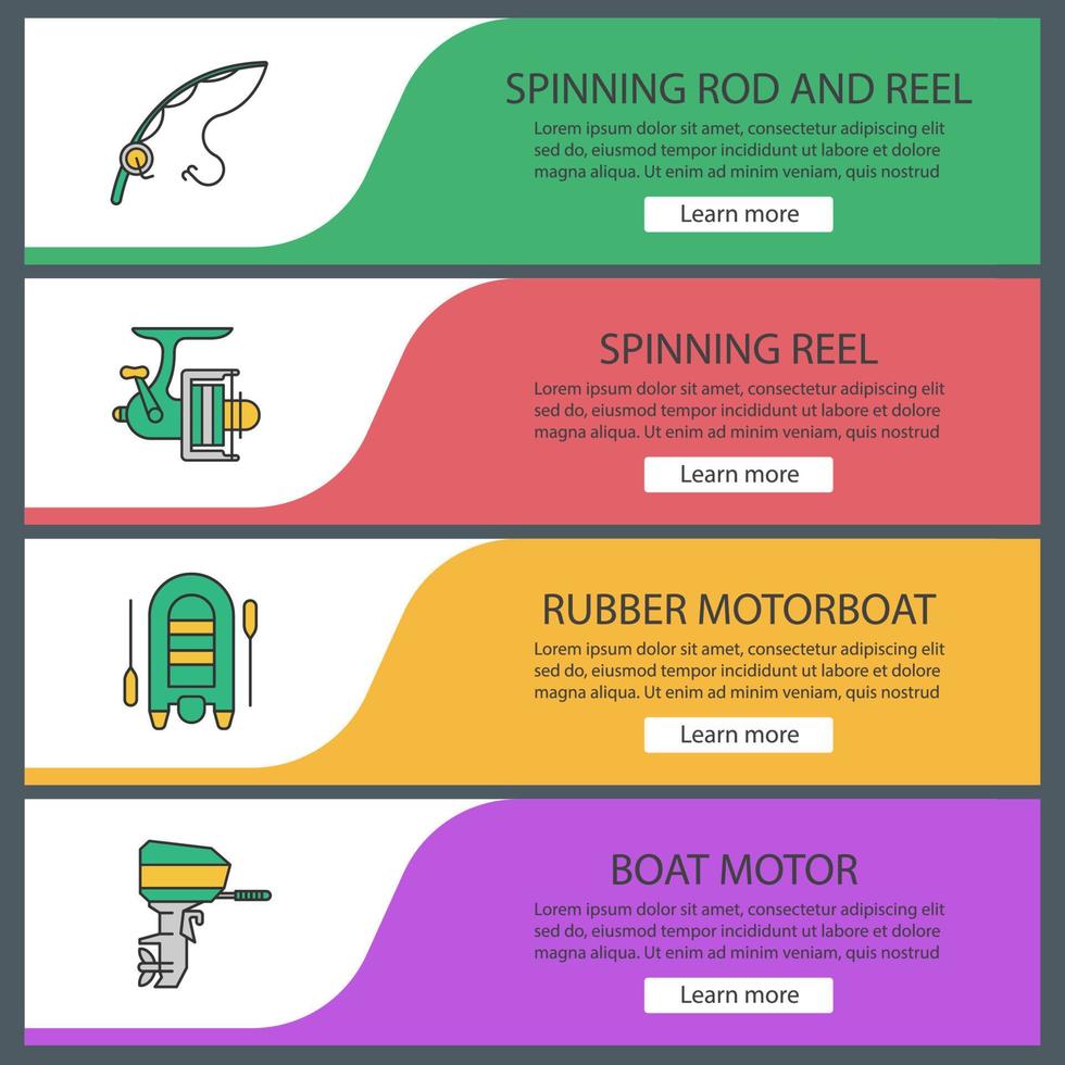 fiske webb banner mallar set. spinnspö och rulle, motorbåt. menyalternativ på webbplatsens färg. vektor headers designkoncept
