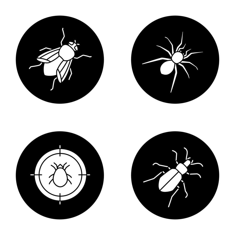 Glyphensymbole zur Schädlingsbekämpfung festgelegt. Milbenziel, Laufkäfer, Spinne, Stubenfliege. Vektor weiße Silhouetten Illustrationen in schwarzen Kreisen