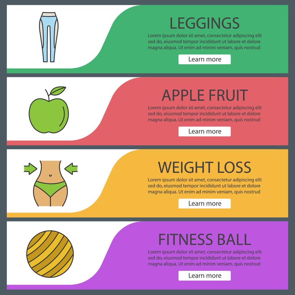Fitness-Web-Banner-Vorlagen festgelegt. Sportausrüstung. Leggings, Apfel, Gewichtsverlust, Fitball. Menüelemente in Farbe der Website. Vektor-Header-Design-Konzepte vektor