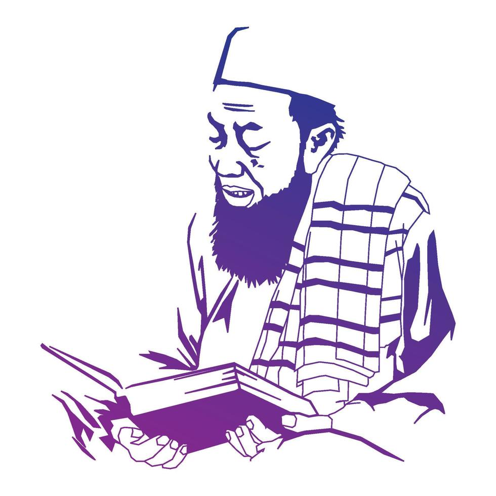 lineart vektor av en gammal muslim som läser Koranen
