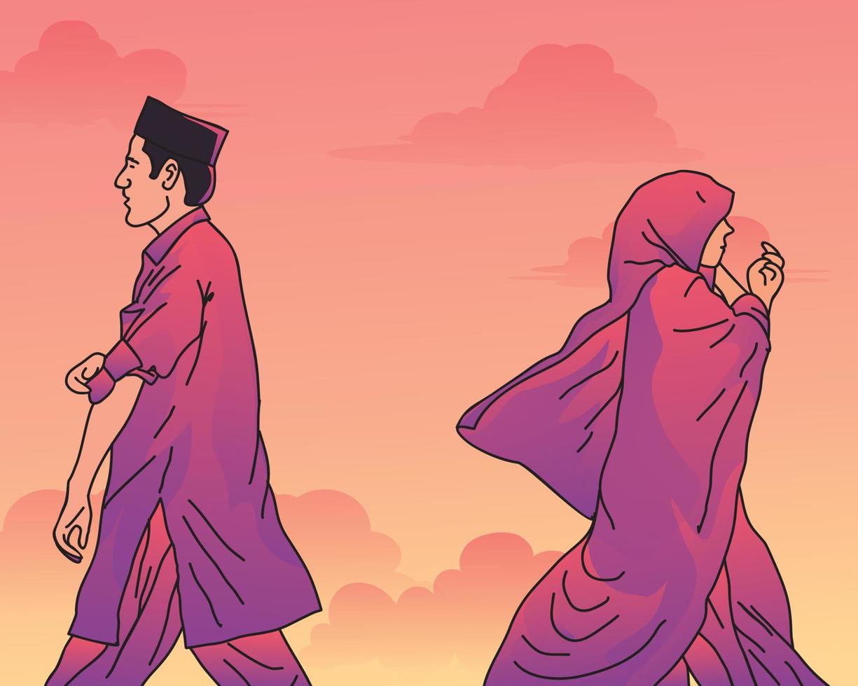 Illustration einer muslimischen Frau und eines muslimischen Mannes, die vor einem Dämmerungshintergrund in entgegengesetzte Richtungen gehen vektor