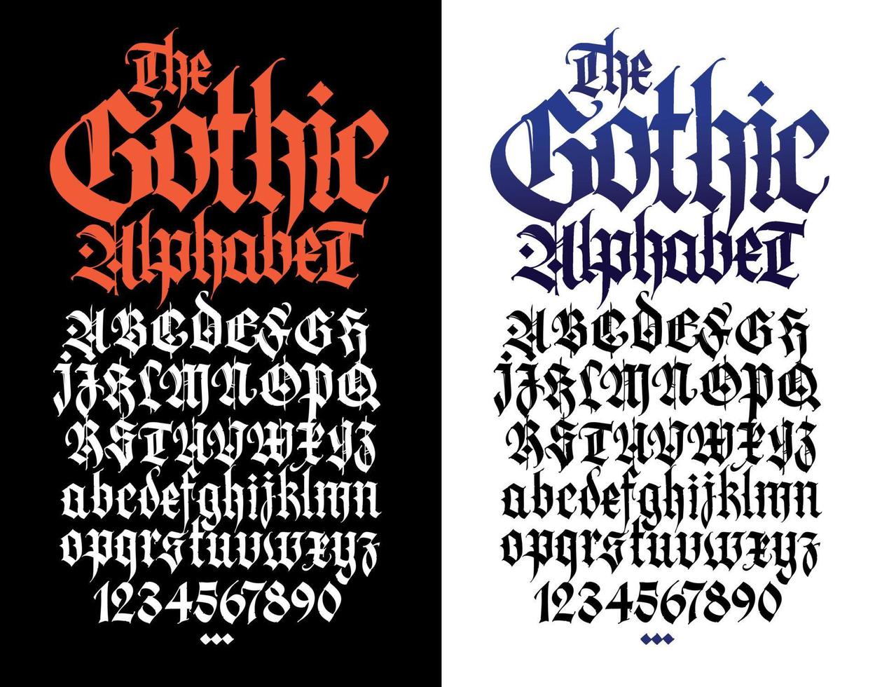 gotiska. vektor. versaler och gemener på vit bakgrund. vacker och stilren kalligrafi. elegant europeiskt typsnitt för tatuering. medeltida modern stil. bokstäver och siffror. vektor