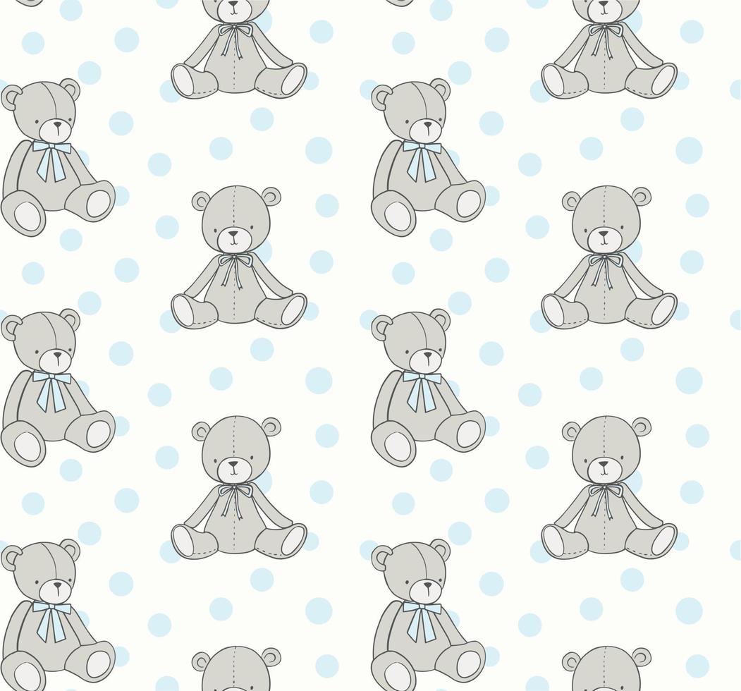 Muster für Babyspielzeug. Teddybär und Polka Dots Vektor nahtloser Hintergrund im handgezeichneten Doodle-Stil. kleiner Junge, Kinderdesign.