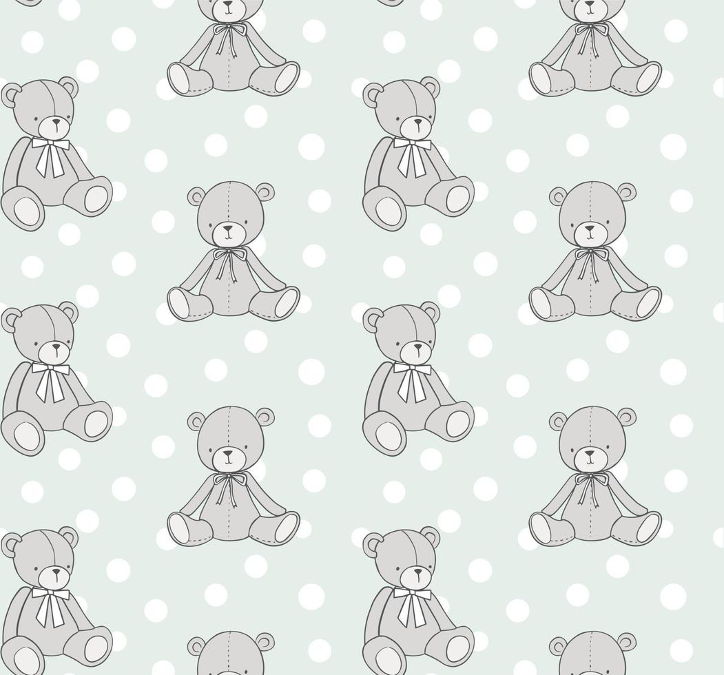 Teddybär handgezeichnetes Muster. Vektornahtloser Hintergrund mit Spielzeugbären und Tupfen auf Minzfarbe. vektor
