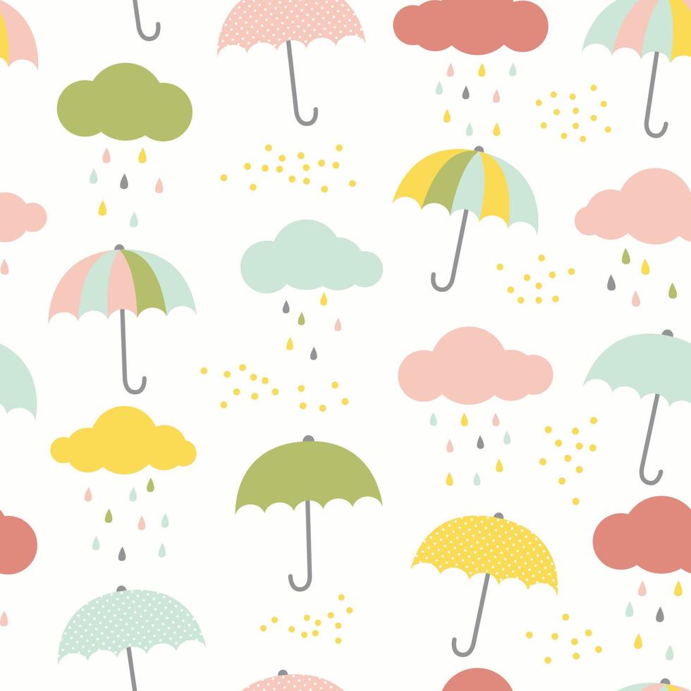 Vektorkindermuster mit Wolken, Regentropfen und Regenschirmen. süßer bunter nahtloser hintergrund in blau, pink, gelb und grün. vektor