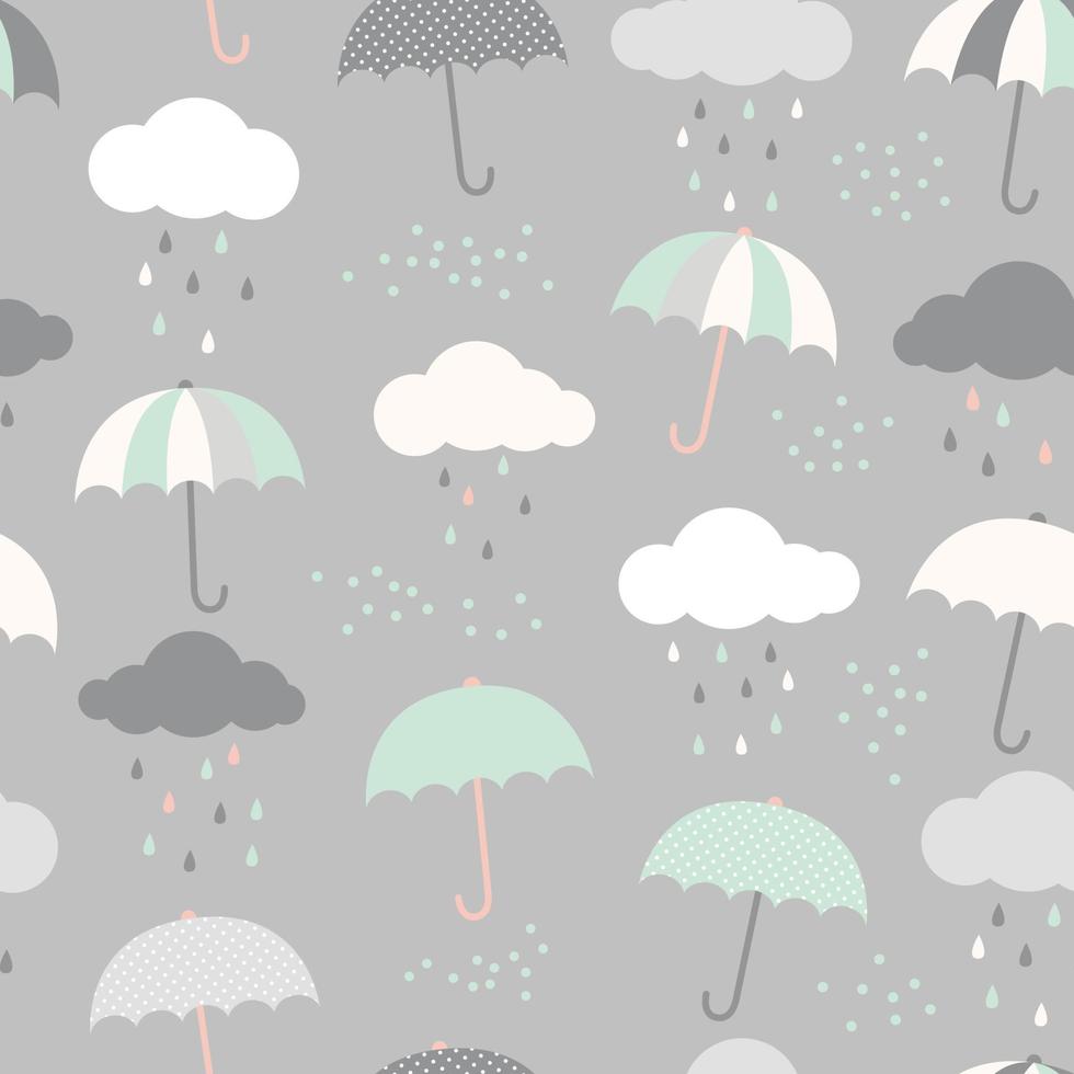 süßes Vektormuster mit Regenschirmen, Wolken und Regentropfen. nahtloser hintergrund im skandinavischen stil. vektor