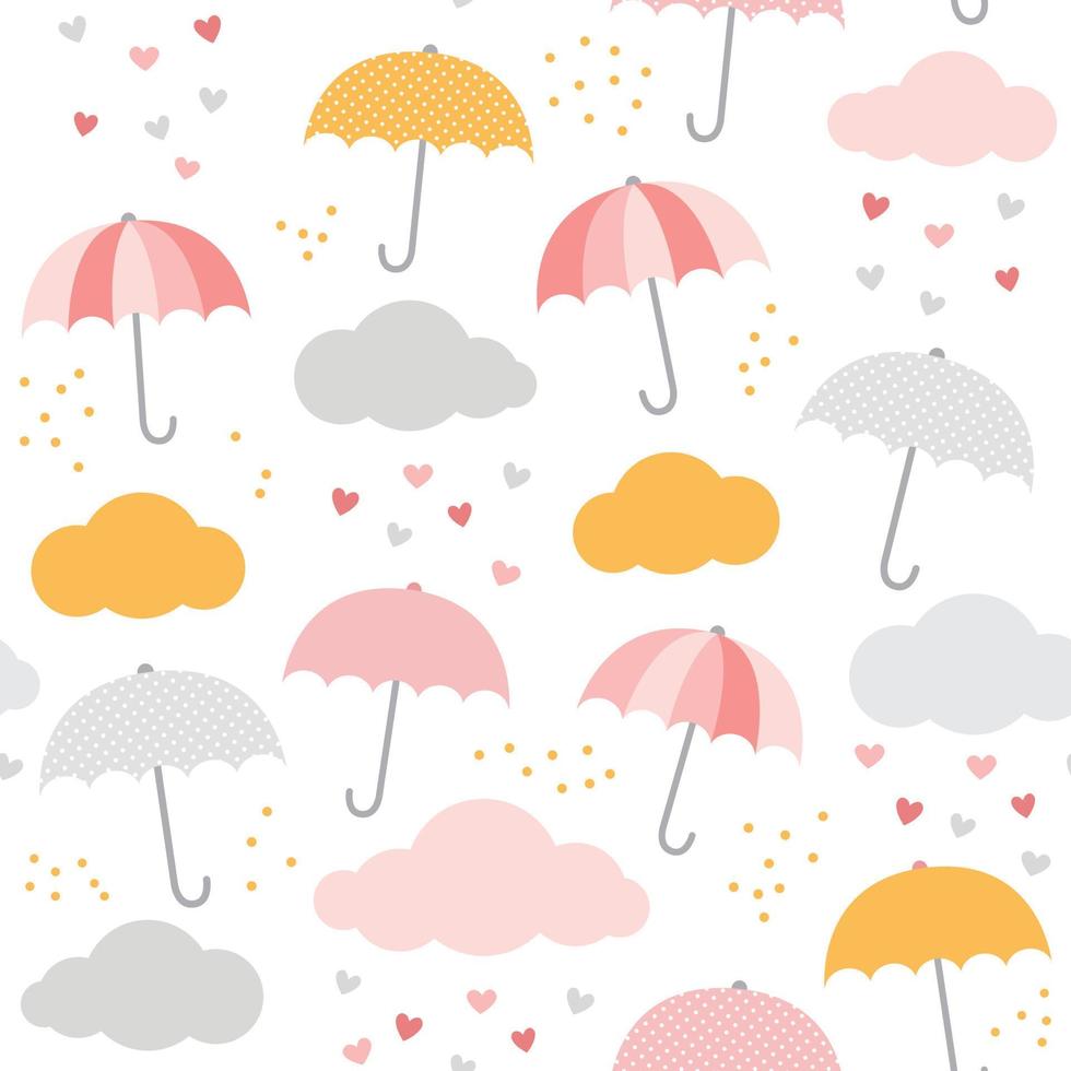 Regenvektormuster. süßer regenschirm, wolke, regentropfen, herzen. baby, kind nahtloses druckdesign. vektor