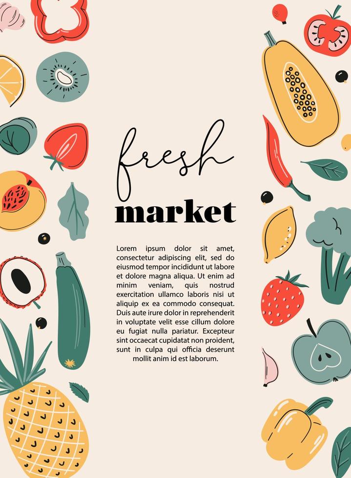 färsk marknadsaffisch, kort eller tryck med frukt och grönsaker. C-vitaminkällor, gårdsmarknad, hälsosam mat. vektor illustration
