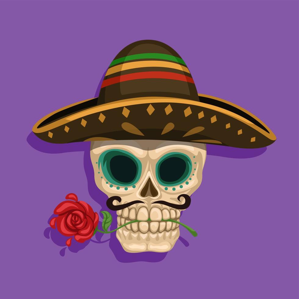 skalle bär mexikansk hatt och ros blomma symbol maskot traditionell festival tecknad illustration vektor