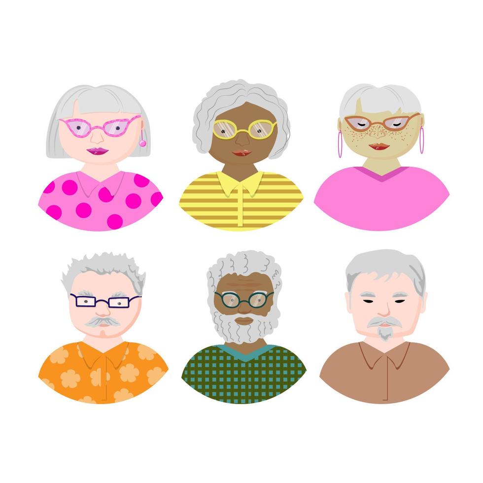 eine Reihe von Avataren für ältere nette Leute. eine gemischte Gruppe junger Männer und Frauen. menschen mit grauen haaren. flache Vektorillustration vektor