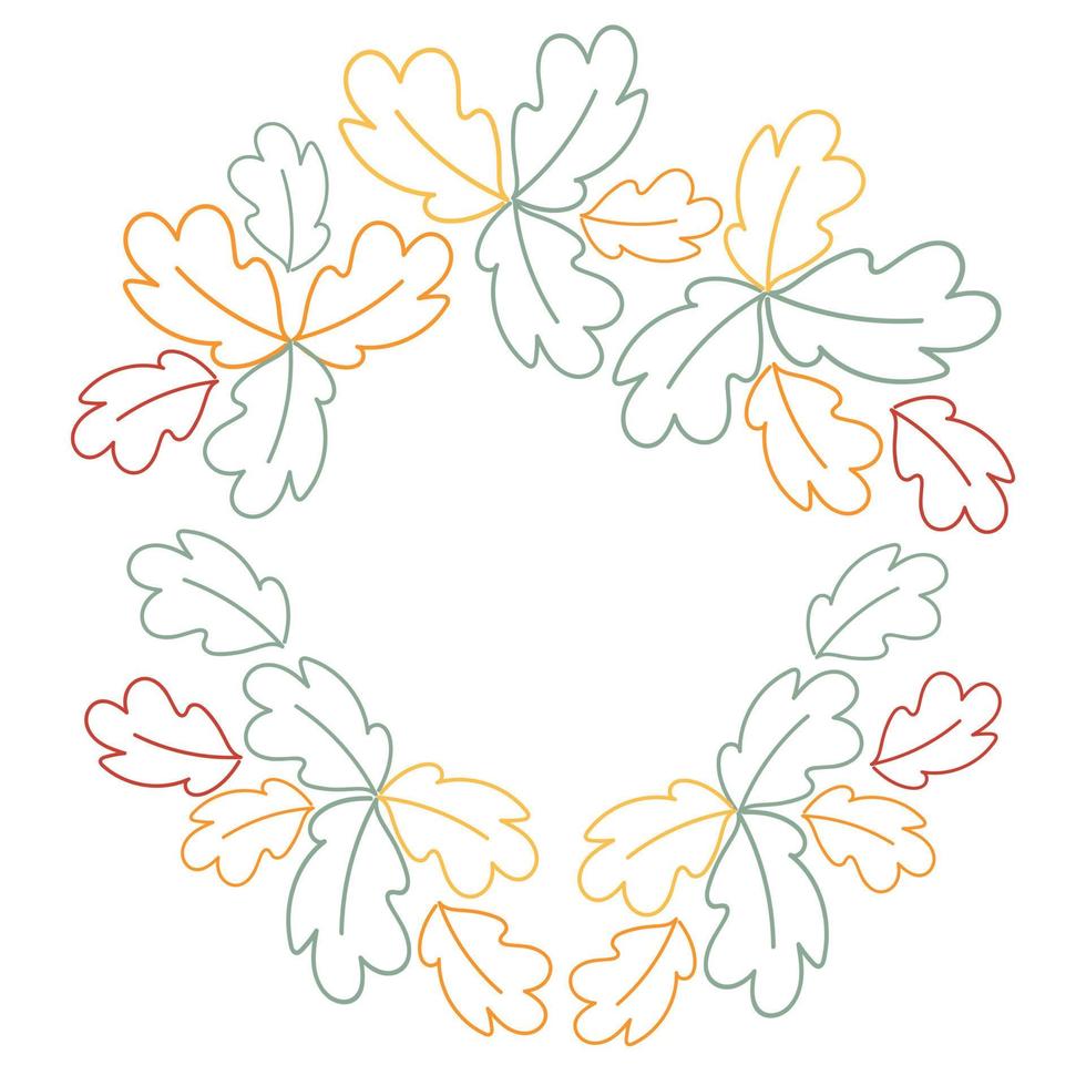 Runder Rahmen aus Blättern in verschiedenen Farben in trendigen Farbtönen. Umrisszeichnung von Hand. Lebensstil. vektor