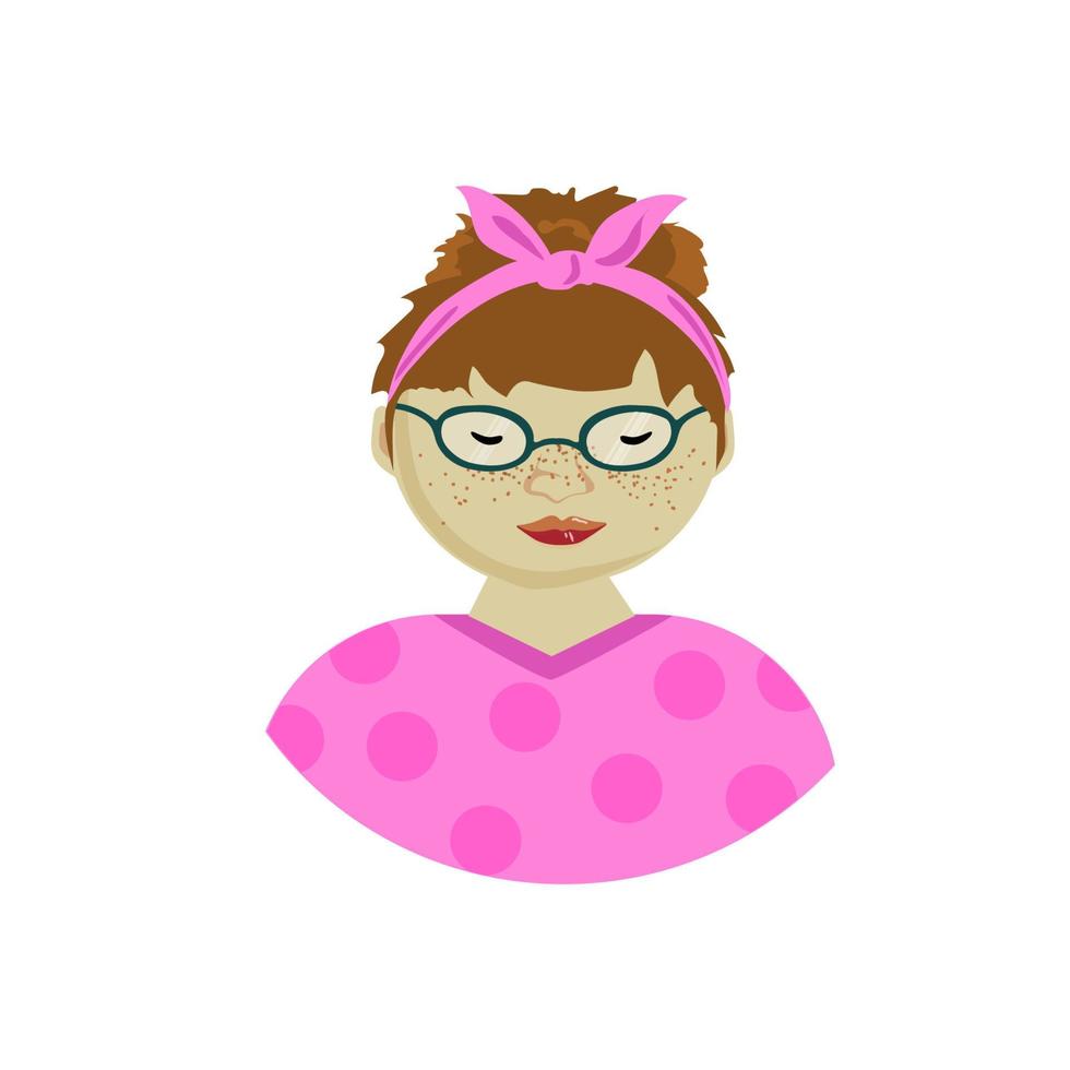 söt tjej med en halsduk på huvudet, ritad i platt stil. kvinnlig karaktär. avatar. ansikte med fräknar. vektor illustration i platt stil