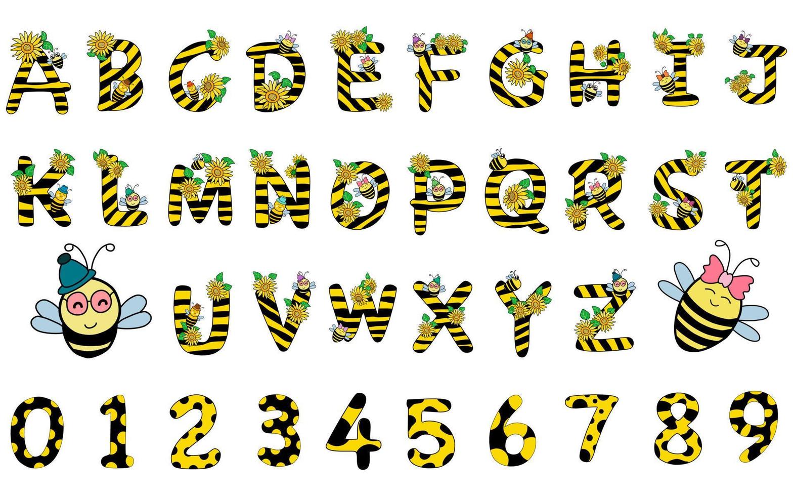 Alphabet ABC, Bienen- und Sonnenblumenmuster-Set im Doodle-Stil für Dekoration, Studenten, Lehrer, Babys, Hemddesigns, Kinderkleidungsdesigns, Kissen, Aufkleber und mehr. vektor