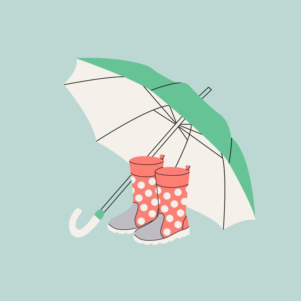 rosa Gummistiefel und grüner offener Regenschirm. Gummistiefel. herbsthintergrund mit regenschirmen und stiefeln.regnerische kollektion. Zubehör zum Wandern im Herbst, Frühling. hand gezeichnete karikaturillustration. vektor