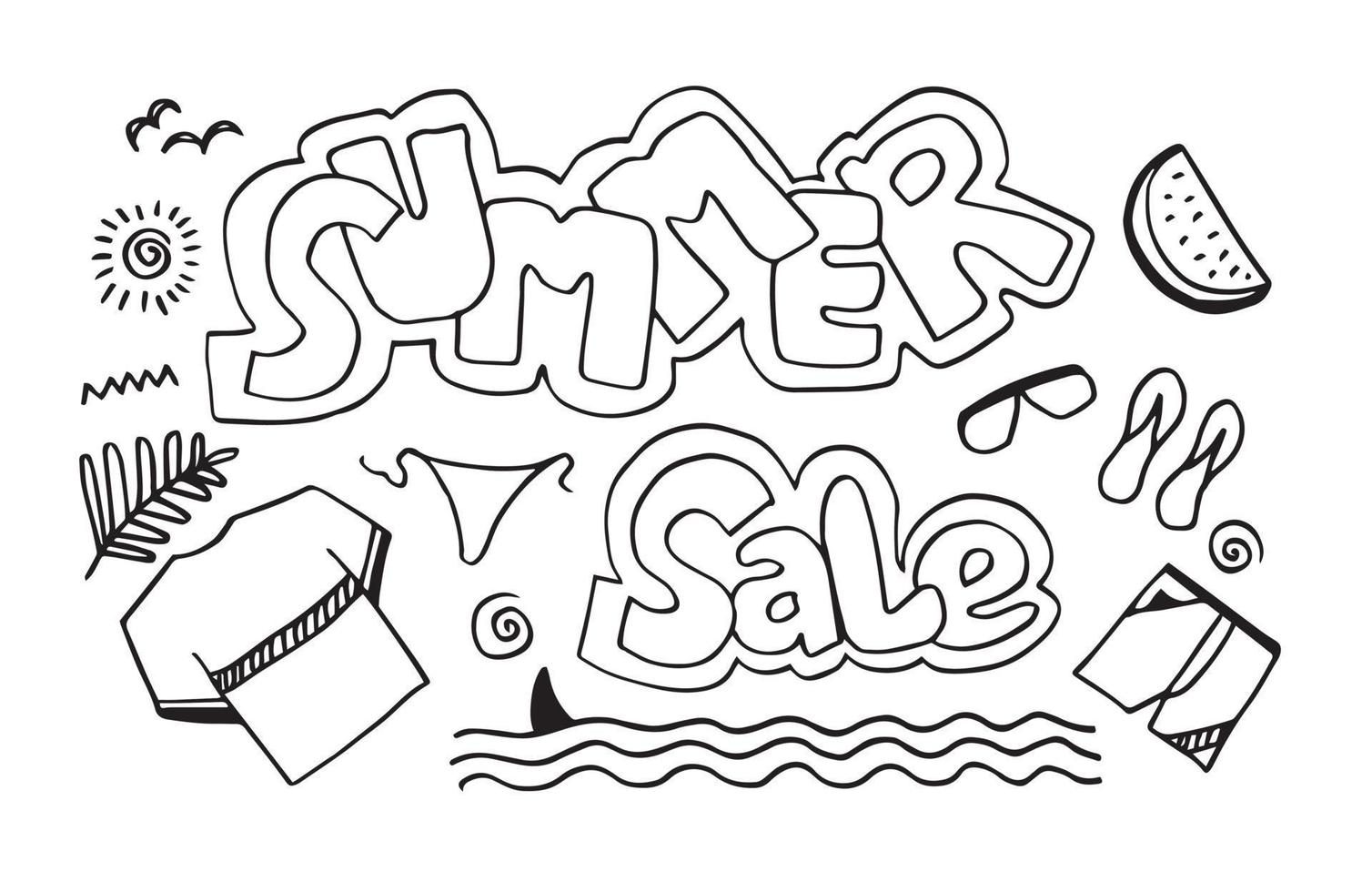 sommarrea handskriven med vattenmelonskivor, t-shirt, sandaler, shorts och löv. dekorativ illustration för banner, print, affisch. vektor