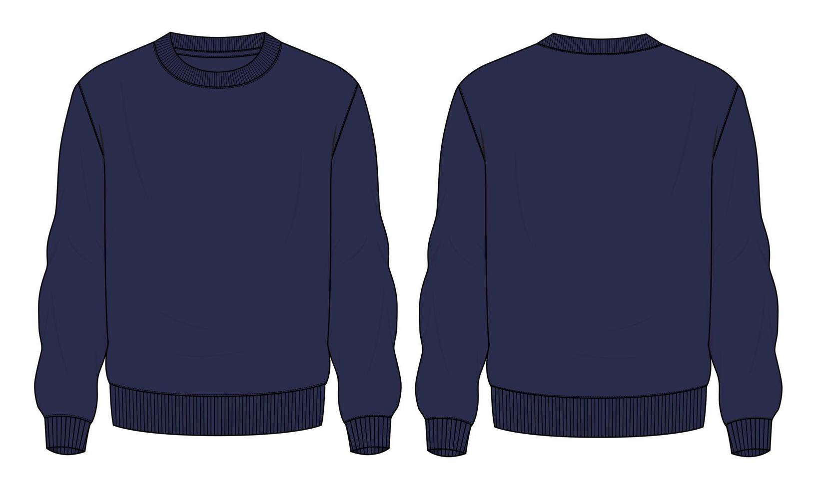 langes Sweatshirt technische Mode flache Skizze Vektorillustration marineblaue Farbvorlage Vorder- und Rückansicht. vektor