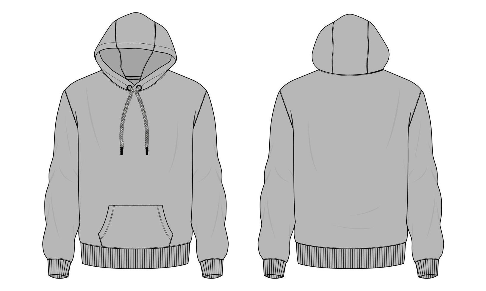 långärmad hoodie teknisk mode platt skiss vektor illustration grå färg mall fram- och baksidan vyer isolerad på vit bakgrund.