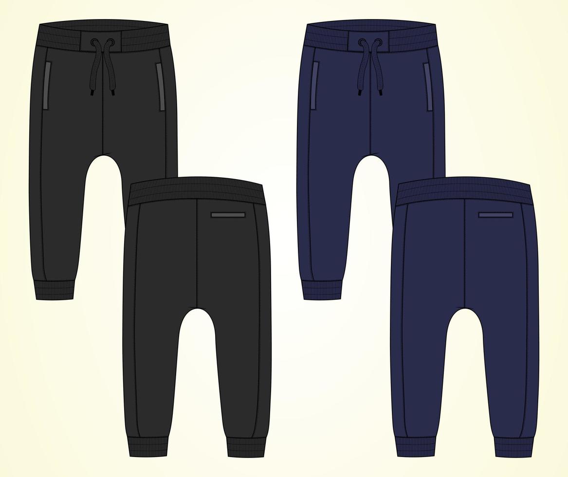 Grundlegende Jogginghose technische Mode flache Skizzenvektorillustration schwarze und marineblaue Farbvorlage für Kinder. vektor