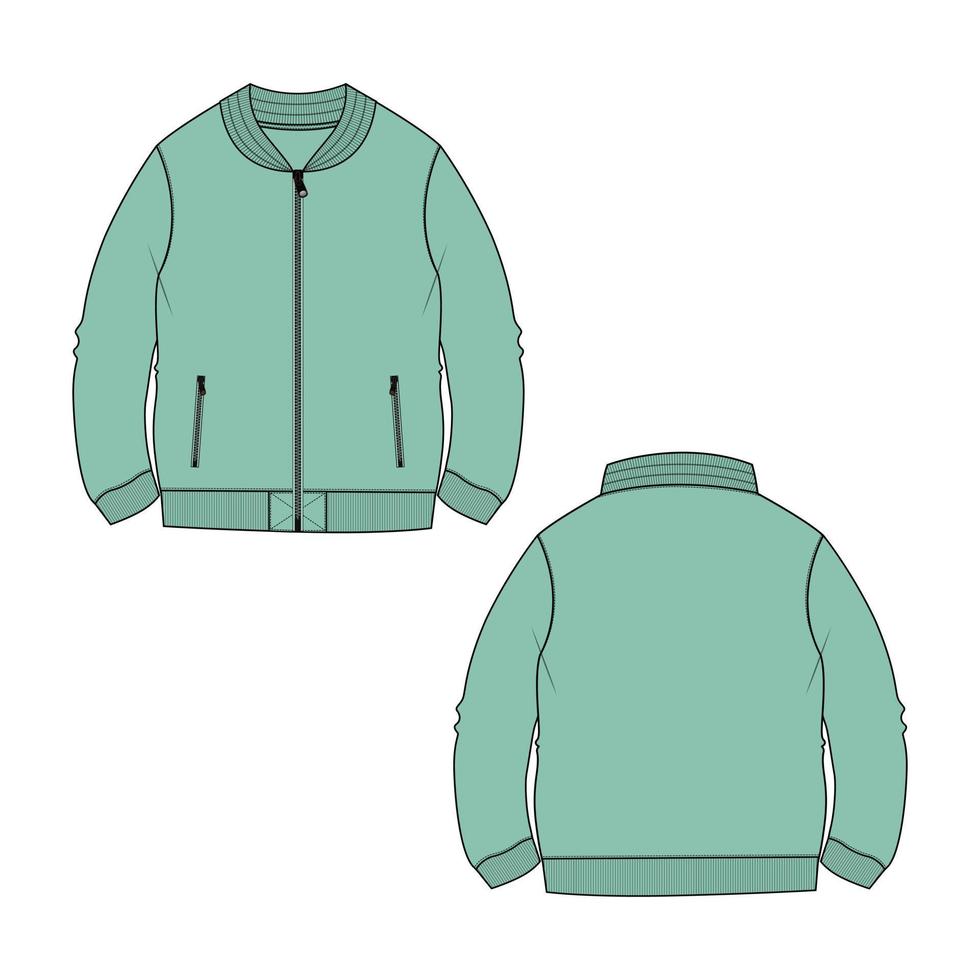 långärmad och dragkedja jacka sweatshirt teknisk mode platt skiss vektor illustration grön färg mall