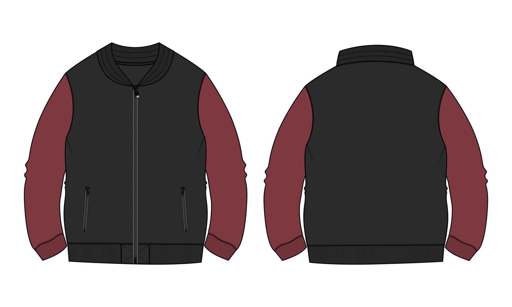 zweifarbig rot und schwarz langarm und reißverschluss jacke sweatshirt technische mode flache skizze vektor illustration vorlage