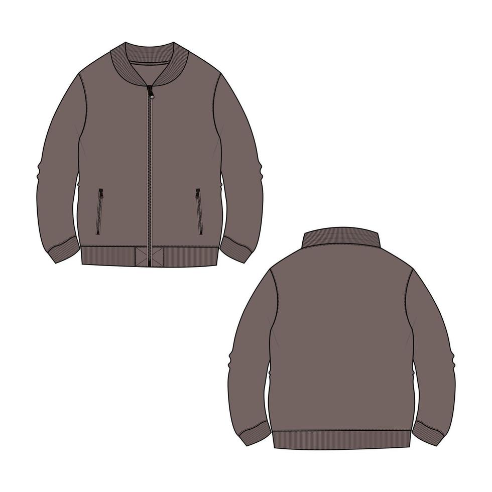 långärmad och dragkedja jacka sweatshirt teknisk mode platt skiss vektor illustration kaki färg mall