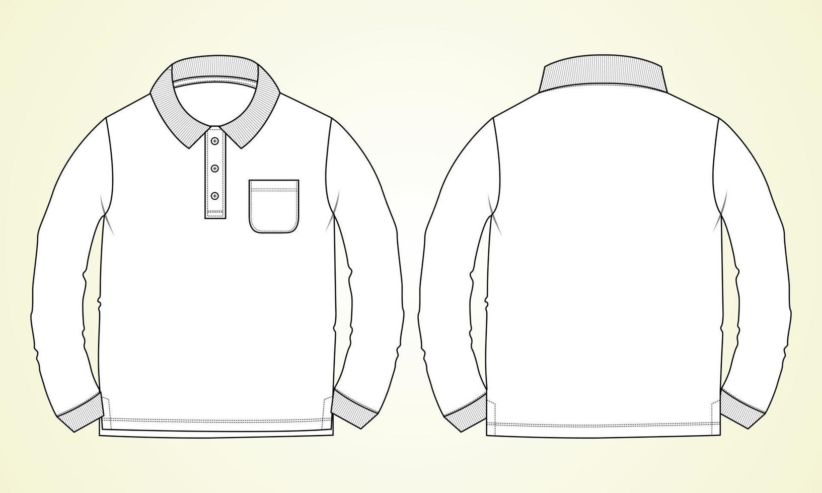 langärmliges poloshirt mit tasche technische mode flache skizzenvektorillustrationsvorlage vorder- und rückansichten. vektor