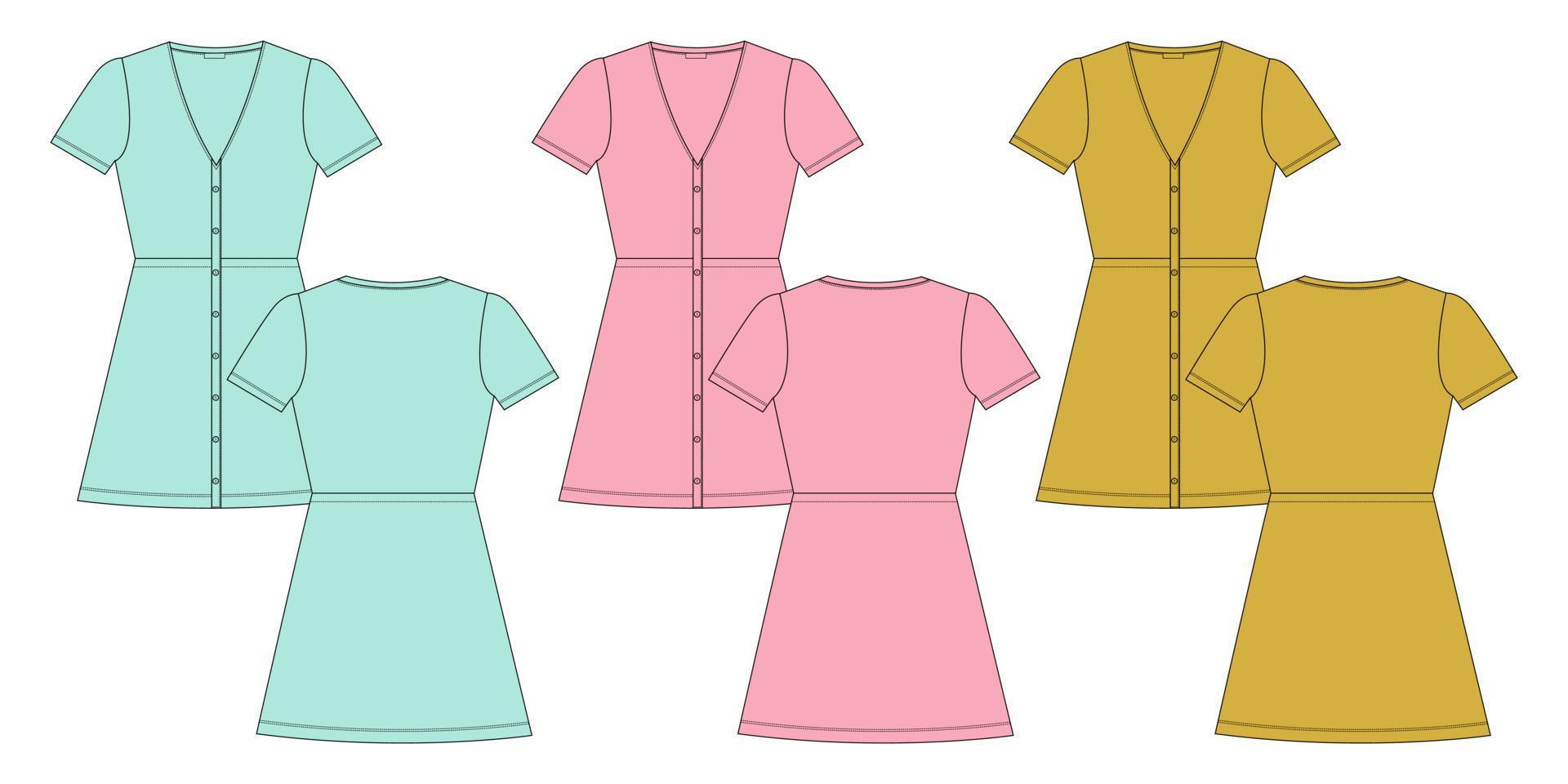 flerfärgad kortärmad v-ringad lång klänning design teknisk mode platt skiss vektor illustration mall för flickor och damer.