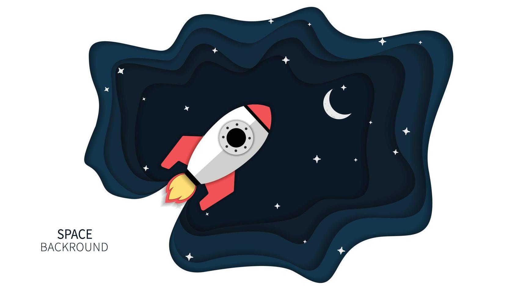Papercut-Hintergrund mit einem Raumschiff mit Sternen und Mond vektor