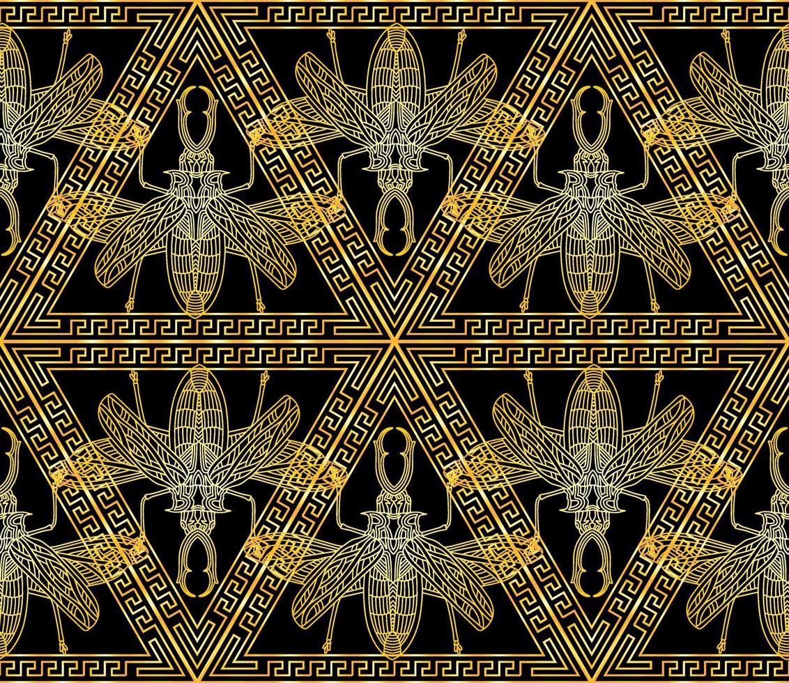 Muster mit goldenen Käfern in einem dreieckigen Ornament im griechischen Stil vektor