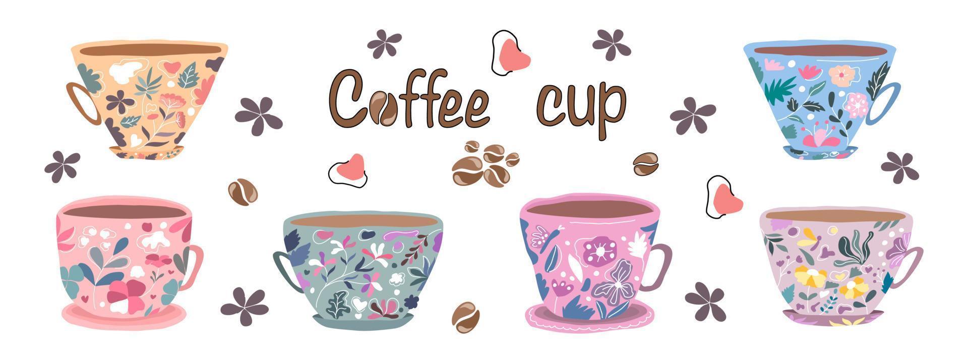 süßes Vintage-Kaffeetassen-Set im Doodle-Stil für Digitaldruck, Hintergrund, Kartendekoration, Café, Kleidungsdesign, Tasche, Aufkleber, Kissen, Sammelalbum, T-Shirt-Design und mehr. vektor