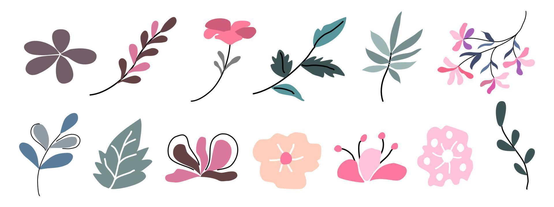 blommor och bladelement designade i doodle-stil för bokomslag, kort, bakgrunder, ramar, bårder, pappersmönster, tygmönster, dekorationer med vårtema, klippbok och mer. vektor