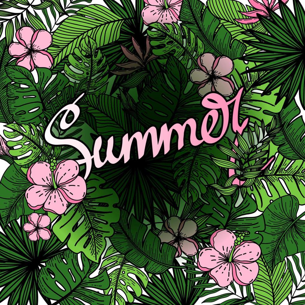 hintergrund mit sommer, handgeschriebener beschriftung, verziert mit strelitia-blume, tropischen palmblättern, monstern und handgezeichneten karottenelementen. sommer, tropisch. Vektor-Illustration vektor
