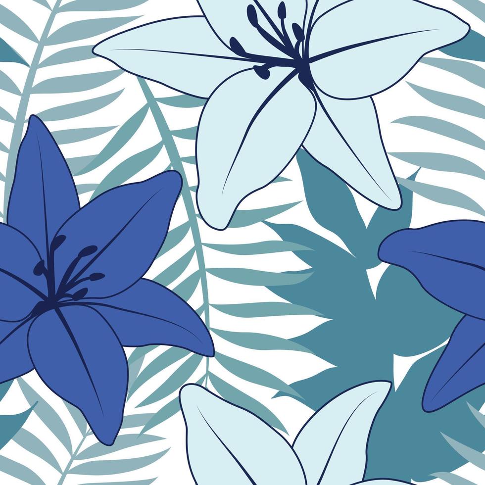 Schöne tropische Lilienblumen und Blätter mit nahtlosem Musterdesign. tropische blätter, monstera blatt nahtloser blumenmusterhintergrund. trendige brasilianische illustration vektor