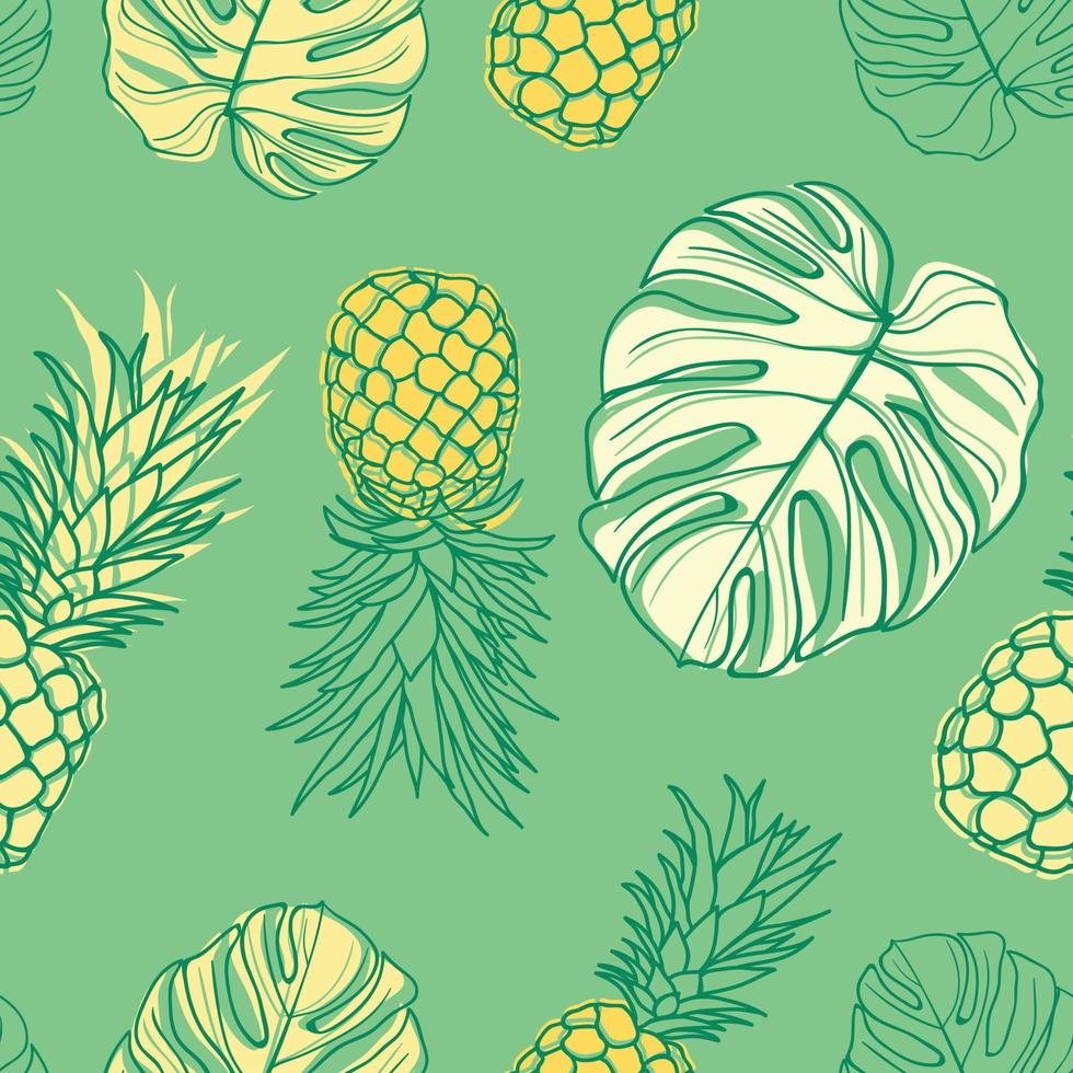 tropische blumenblätter, palmblätter, monstera, ananas nahtloser musterhintergrund. exotisches Dschungel-Geschenkpapier. schöner Druck mit handgezeichneten exotischen Pflanzen. sommerdesign für mode, druck vektor