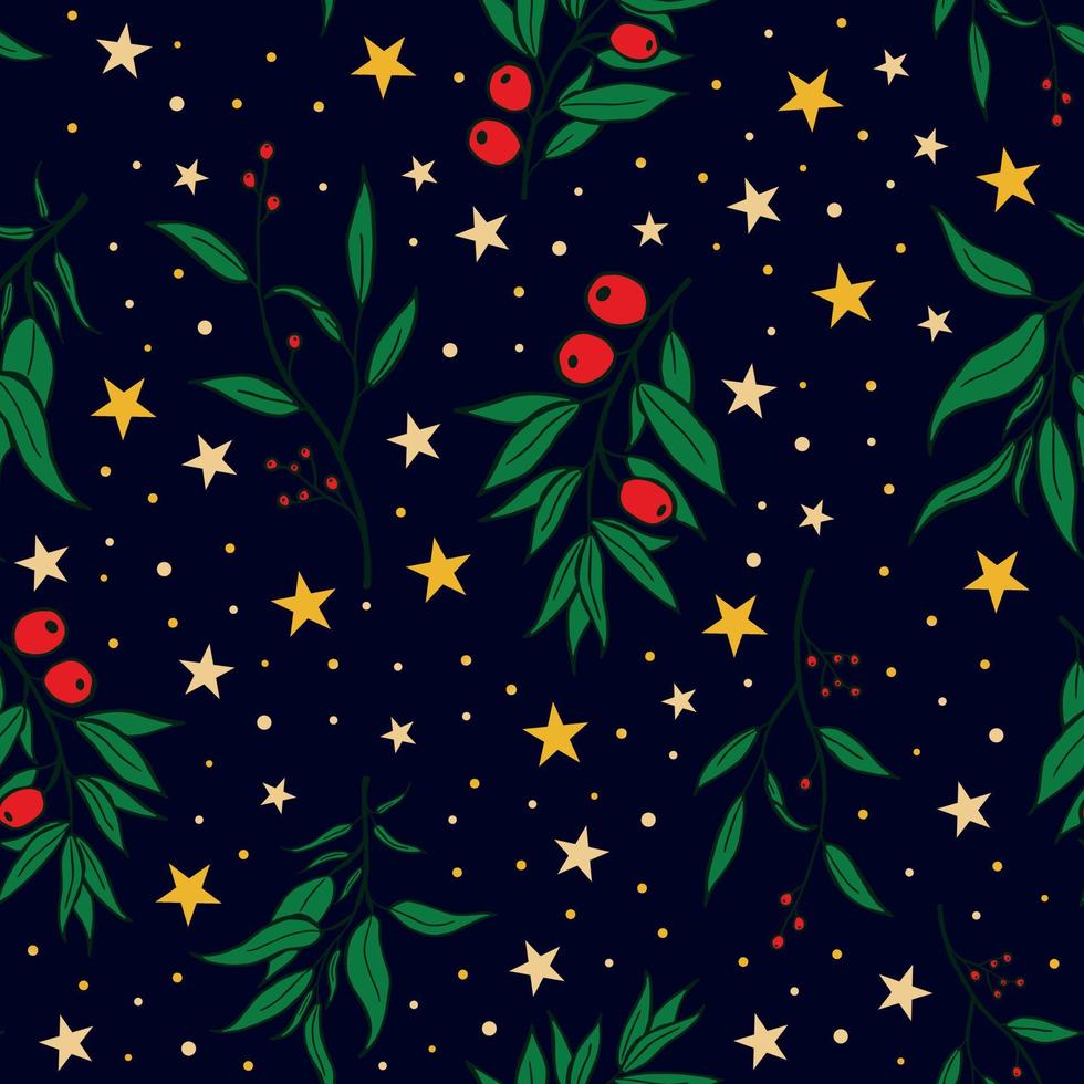 sömlös jul mönster med gran grenar. bär och stjärnor. vektor illustration.