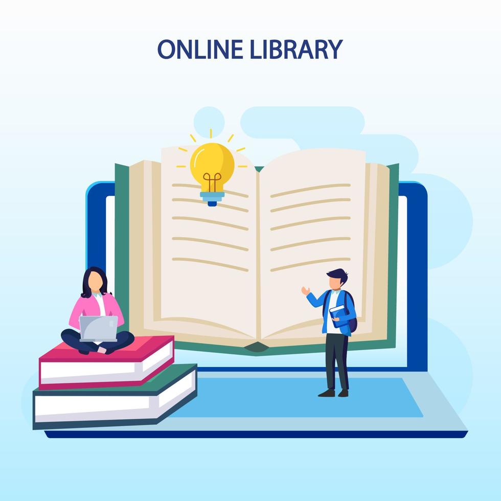 onlinebibliotekskoncept, onlinebibliotek för utbildning, onlinereferenskoncept, bok, litteratur eller e-lärande. platt vektor
