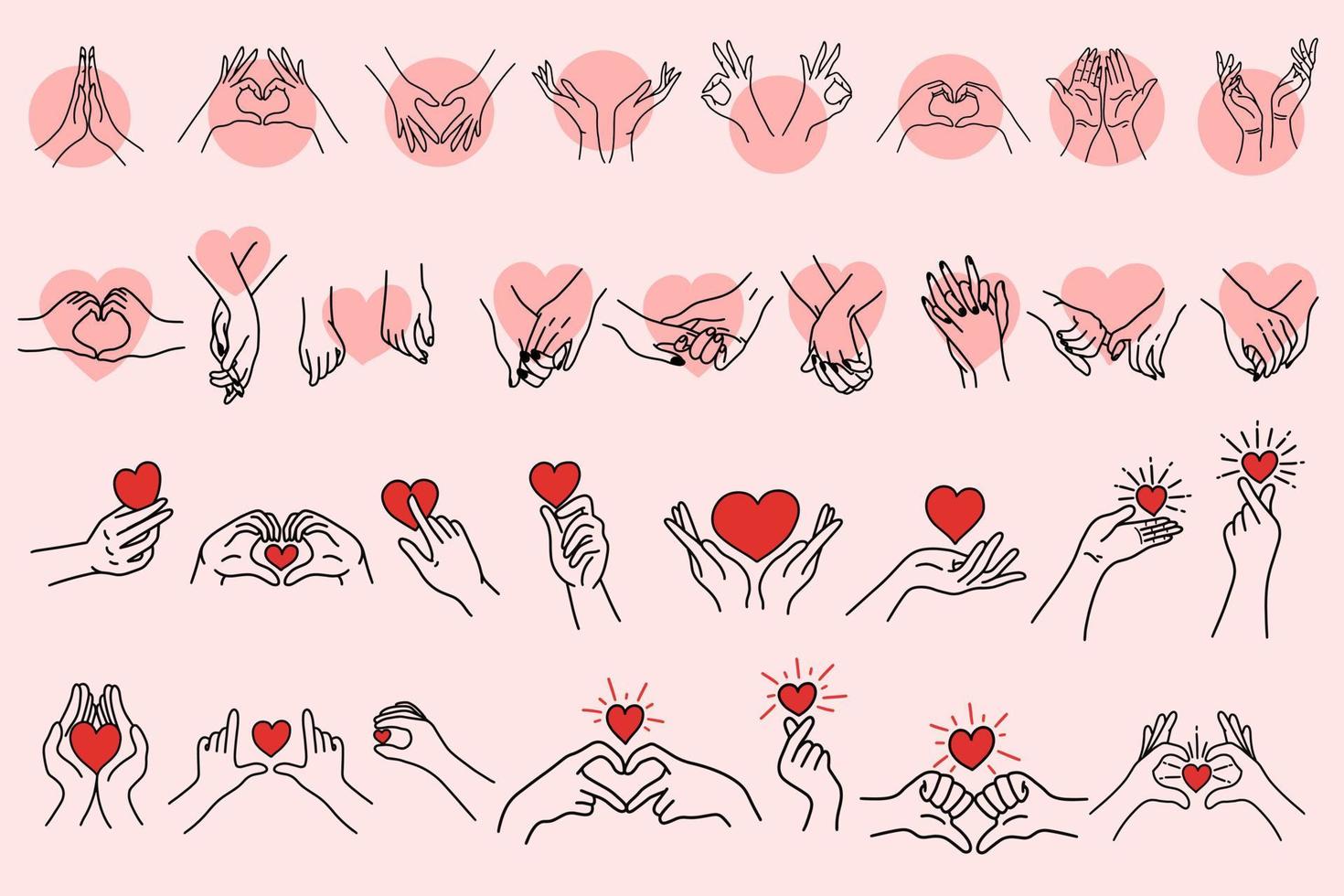 set mega samling av kvinnor flicka hand kärlek gest med härden platt linje konst clipart illustration vektor