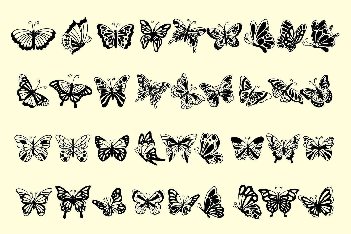set mega samling bunt vackra fjäril fjärilar djur handritad silhuett doodle clipart illustration vektor