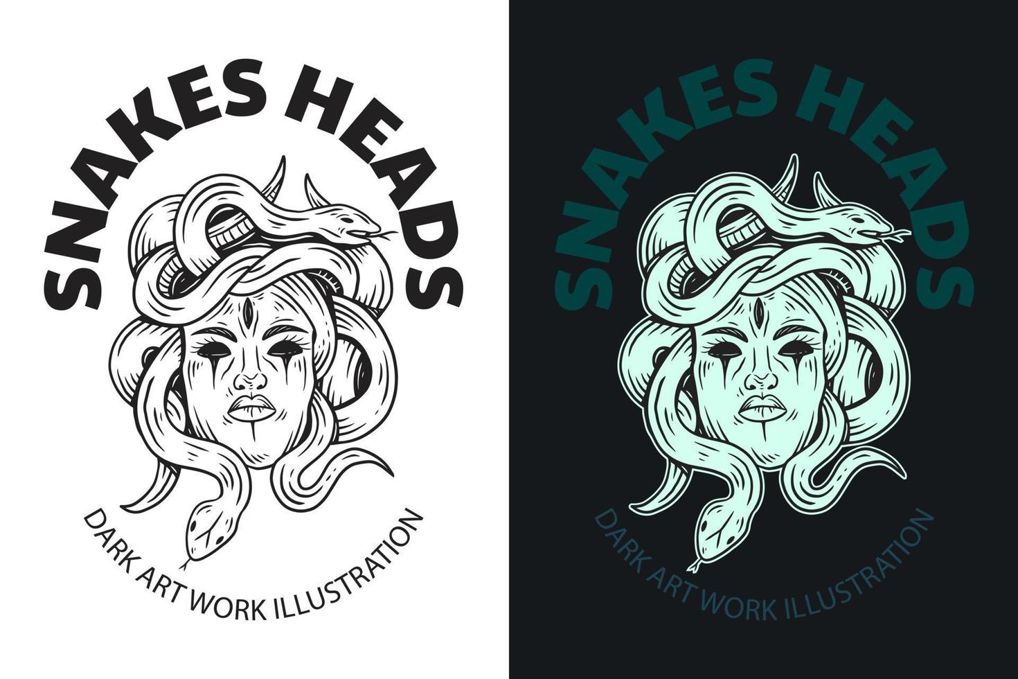 set medusa schlange kopf dunkel illustration schädel knochen kopf handgezeichnet schraffur umriss stil mystisch himmlisch symbol tätowierung waren t-shirt merch vektor