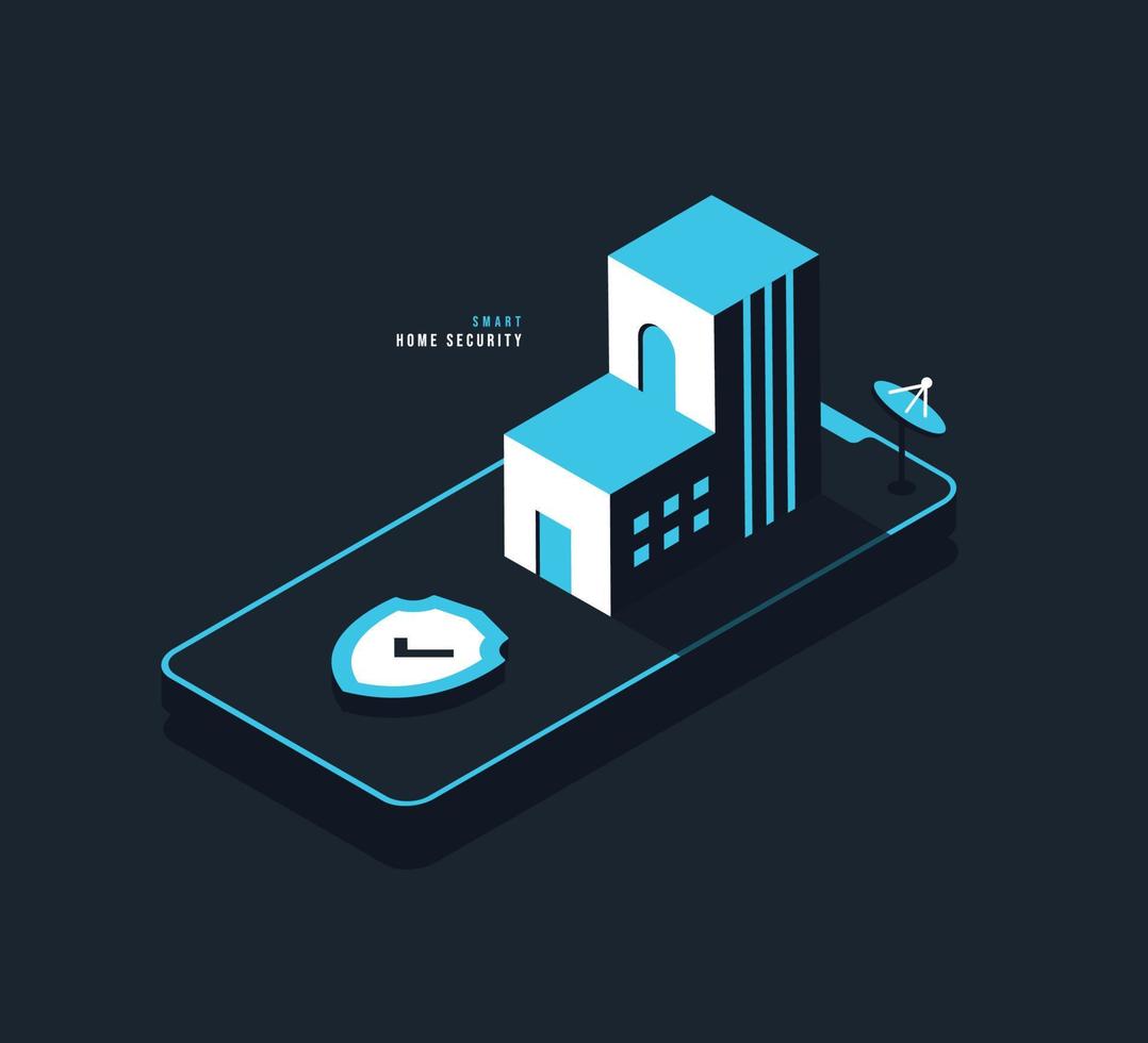 konzept des sicheren schutzautomatisierungssystems für zu hause, isometrisches haus auf dem smartphone intelligente sicherheitskontrolle, sicherheitswache oder verteidigungsvektorillustration vektor